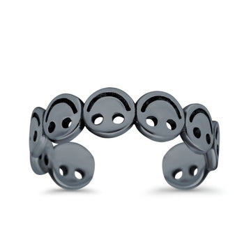 Smiley Face Toe Ring Black Tone Adjustable Band 925 Sterling Silver (4mm)